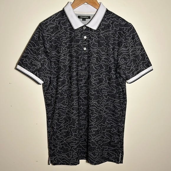 Karl Lagerfeld Paris Logo & Camo-Print Polo Mens Black US Size S - Picture 1 of 12